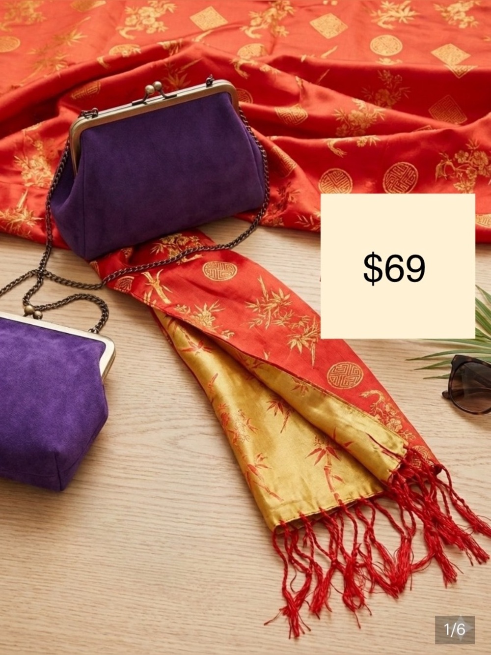 100% Vietnam Silk Reversible Scarf - Red & Gold Asian Jacquard Brocade VGUC